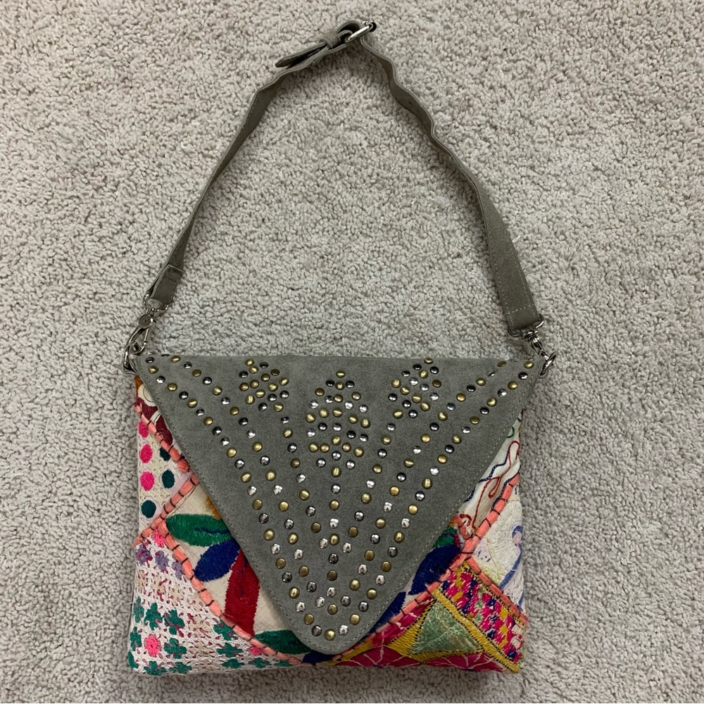 RAZ Colorful EMBROIDERED & Crochet FLORAL Ethnic Gray SUEDE Studded SHOULDER Bag